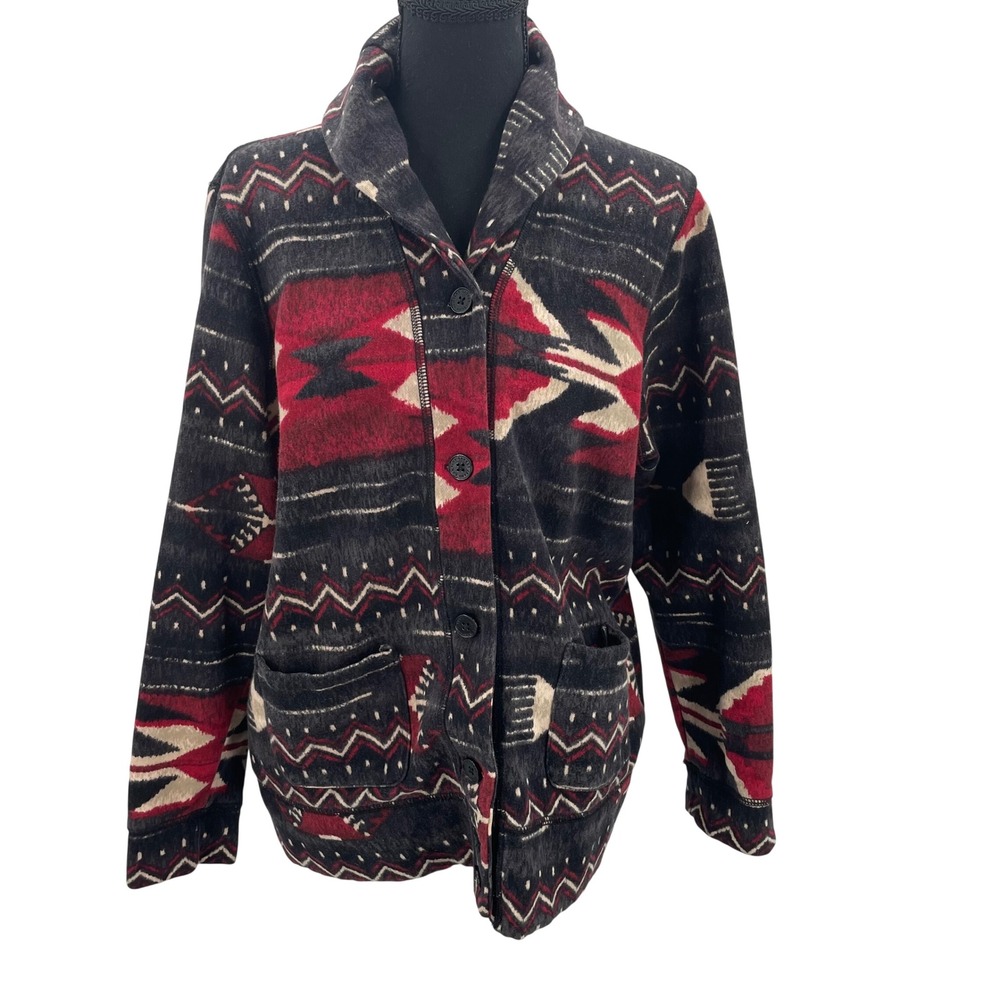 Tribal Print Button-Front Cardigan Sweater - Black & Red